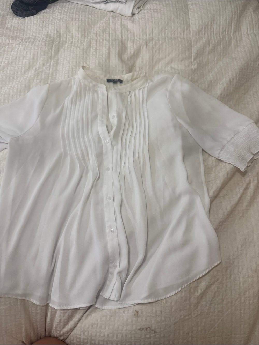 White Pleated Front Button-Down Women's Blouse